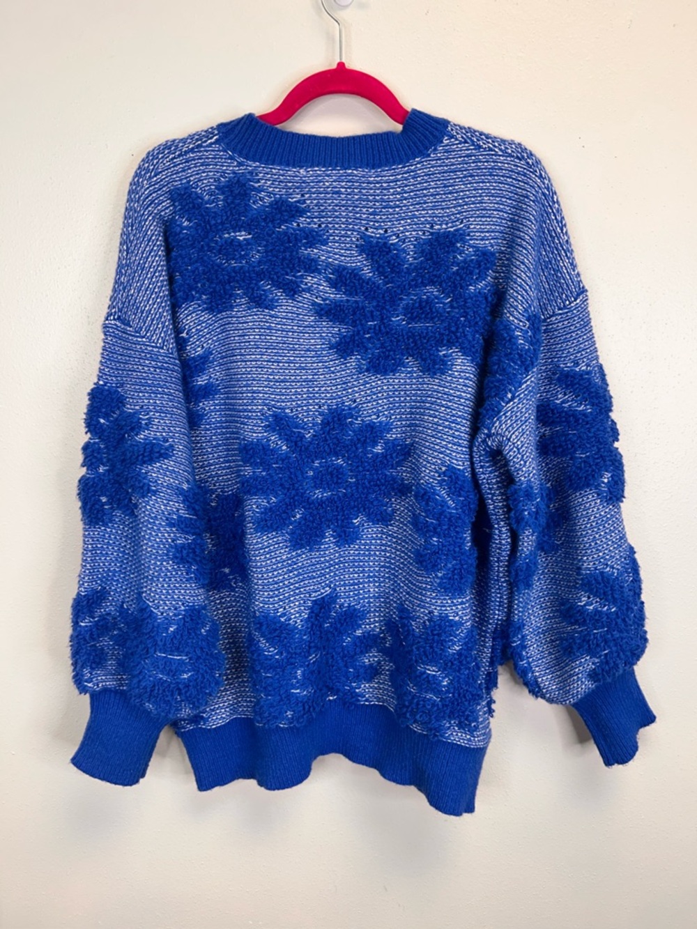 Blue Floral Oversized Textured Knit Sweater Size L Quirky Dopamine Colorful Fun - Picture 8 of 10